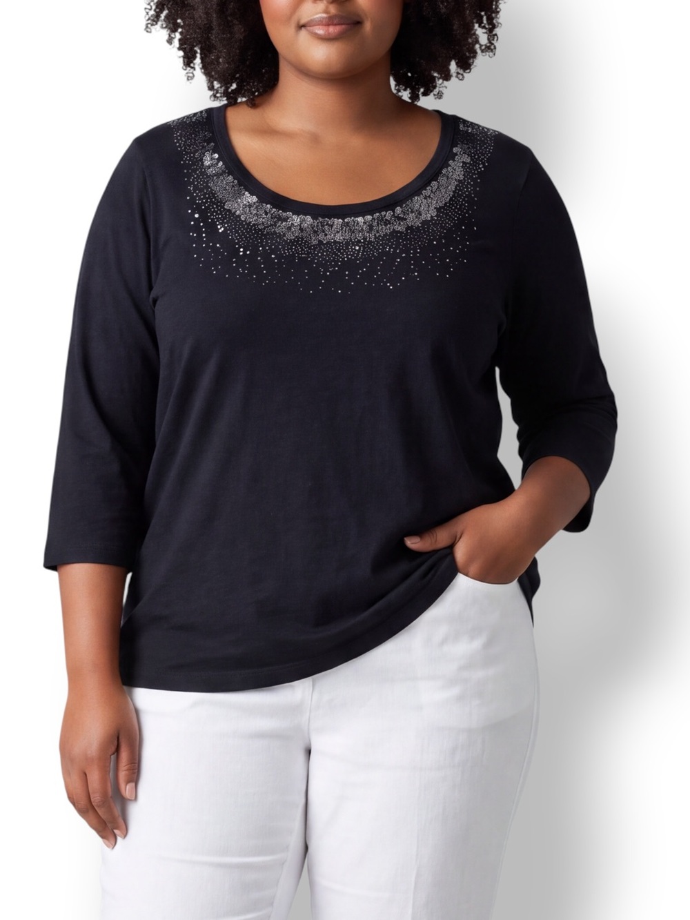 4/$20 Talbots Black Sequin Embellished Scoop Neck 3/4 Sleeve Top 1X
